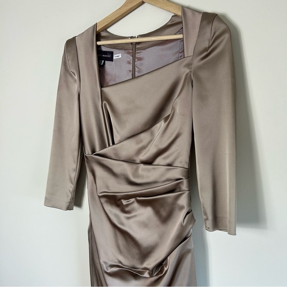Talbot Runhof Beige Satin Cocktail Dress 3/4 Sleeve Size 4 - Picture 9 of 11
